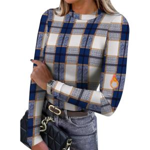 XIEERDUO Womens Long Sleeve Thermal Shirt Fleece Mock Neck Tops 2025 Fashion Slim Fit(F-blue Grid)