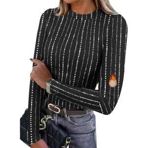 XIEERDUO Womens Long Sleeve Thermal Shirt Fleece Mock Neck Tops 2025 Fashion Slim Fit(F-stripe B)