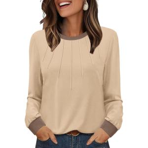 XIEERDUO Womens Long Sleeve Tops Color Block Casual Crewneck Tops Tshirt Basic Tee Fall Fashion Clothes Trendy Outfits(Apricot)
