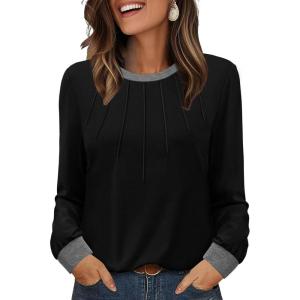 XIEERDUO Womens Long Sleeve Tops Color Block Casual Crewneck Tops Tshirt Basic Tee Fall Fashion Clothes Trendy Outfits(Black)