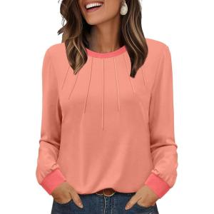 XIEERDUO Womens Long Sleeve Tops Color Block Casual Crewneck Tops Tshirt Basic Tee Fall Fashion Clothes Trendy Outfits(Coral)