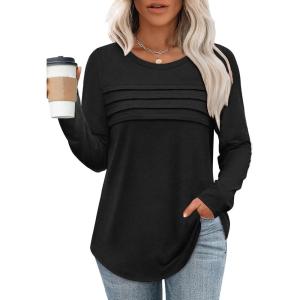 XIEERDUO Women’s Pleated Tunic Tops Fall Long Sleeve Blouses Fashion Curved Hem Shirts Dressy Casual S-3XL(A Black)