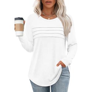 XIEERDUO Women’s Pleated Tunic Tops Fall Long Sleeve Blouses Fashion Curved Hem Shirts Dressy Casual S-3XL(A White)