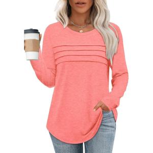 XIEERDUO Women’s Pleated Tunic Tops Fall Long Sleeve Blouses Fashion Curved Hem Shirts Dressy Casual S-3XL(Coral)