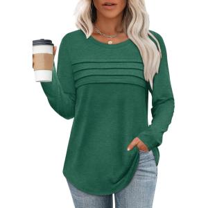 XIEERDUO Women’s Pleated Tunic Tops Fall Long Sleeve Blouses Fashion Curved Hem Shirts Dressy Casual S-3XL(Deep Green)