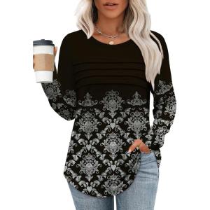 XIEERDUO Women’s Pleated Tunic Tops Fall Long Sleeve Blouses Fashion Curved Hem Shirts Dressy Casual S-3XL(Z Black Floral)