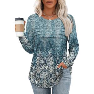 XIEERDUO Women’s Pleated Tunic Tops Fall Long Sleeve Blouses Fashion Curved Hem Shirts Dressy Casual S-3XL(Z Blue Floral)
