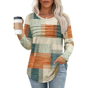 XIEERDUO Women’s Pleated Tunic Tops Fall Long Sleeve Blouses Fashion Curved Hem Shirts Dressy Casual S-3XL(Z Plaid)