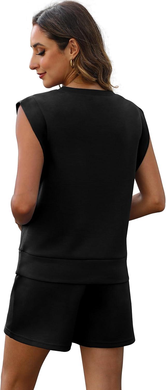 imageXIEERDUO Womens 2 Piece Cap Sleeve Short Sets Fashion Travel Outfits Comfy Airport Lounge Set Loose LoungewearA Black