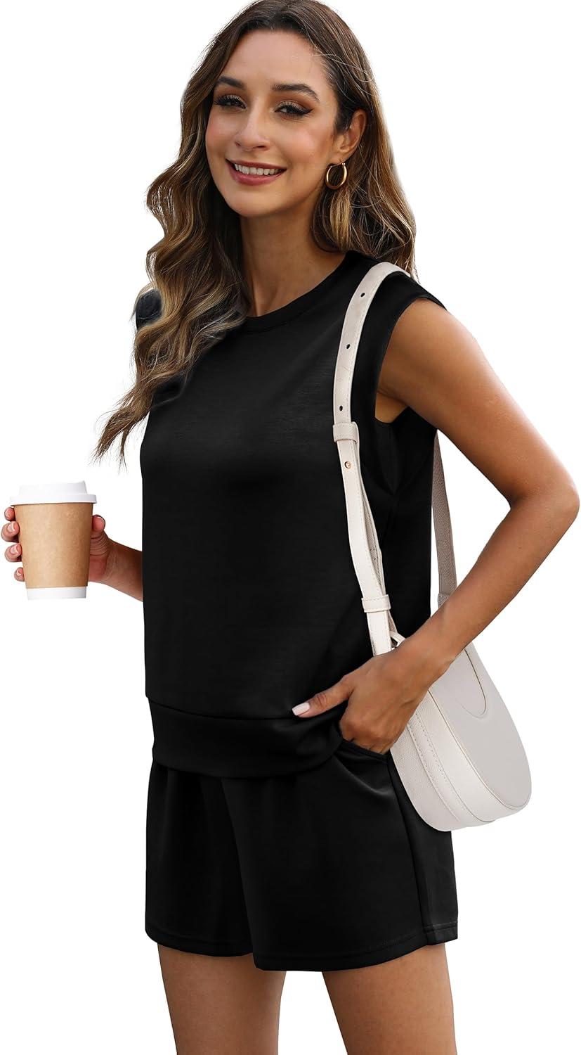 imageXIEERDUO Womens 2 Piece Cap Sleeve Short Sets Fashion Travel Outfits Comfy Airport Lounge Set Loose LoungewearA Black