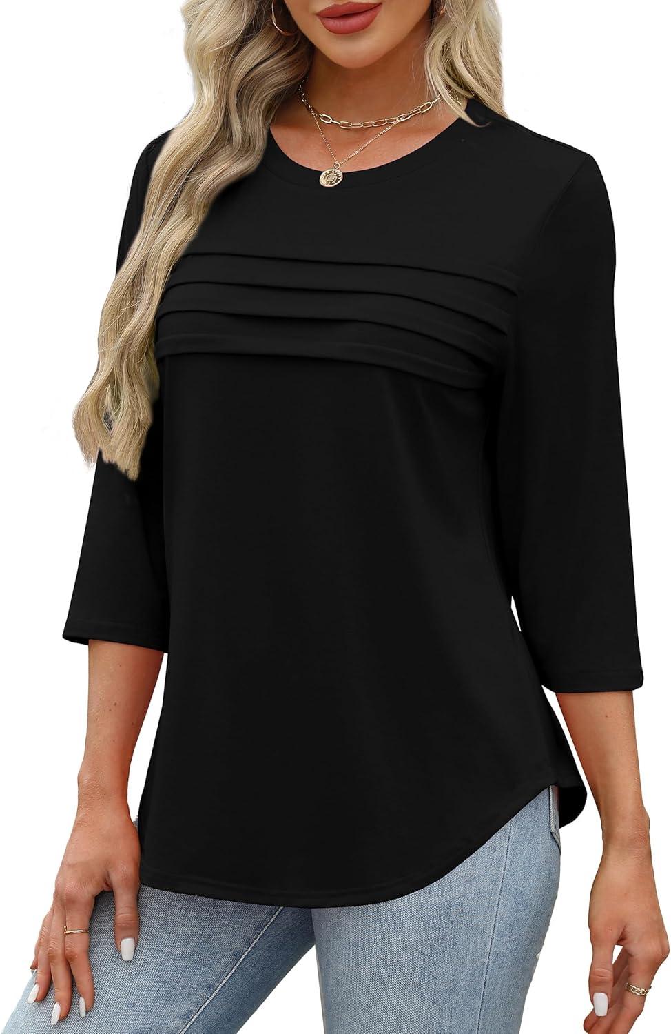 imageXIEERDUO Womens 34 Length Sleeve Tops Dressy Casual Blouses Crewneck TShirts Loose Curved Hem Tunic S3XLA Black