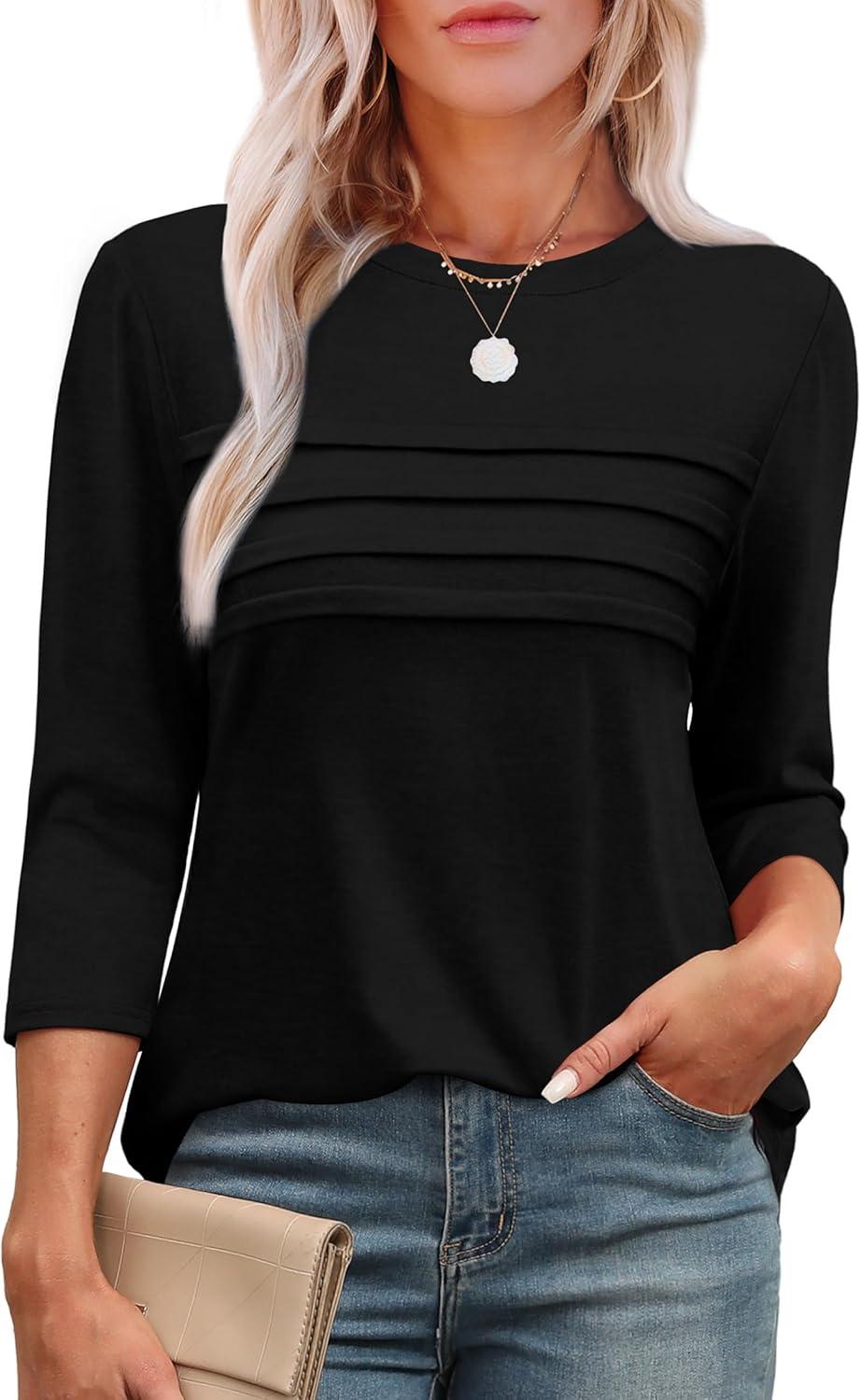 imageXIEERDUO Womens 34 Length Sleeve Tops Dressy Casual Blouses Crewneck TShirts Loose Curved Hem Tunic S3XLA Black