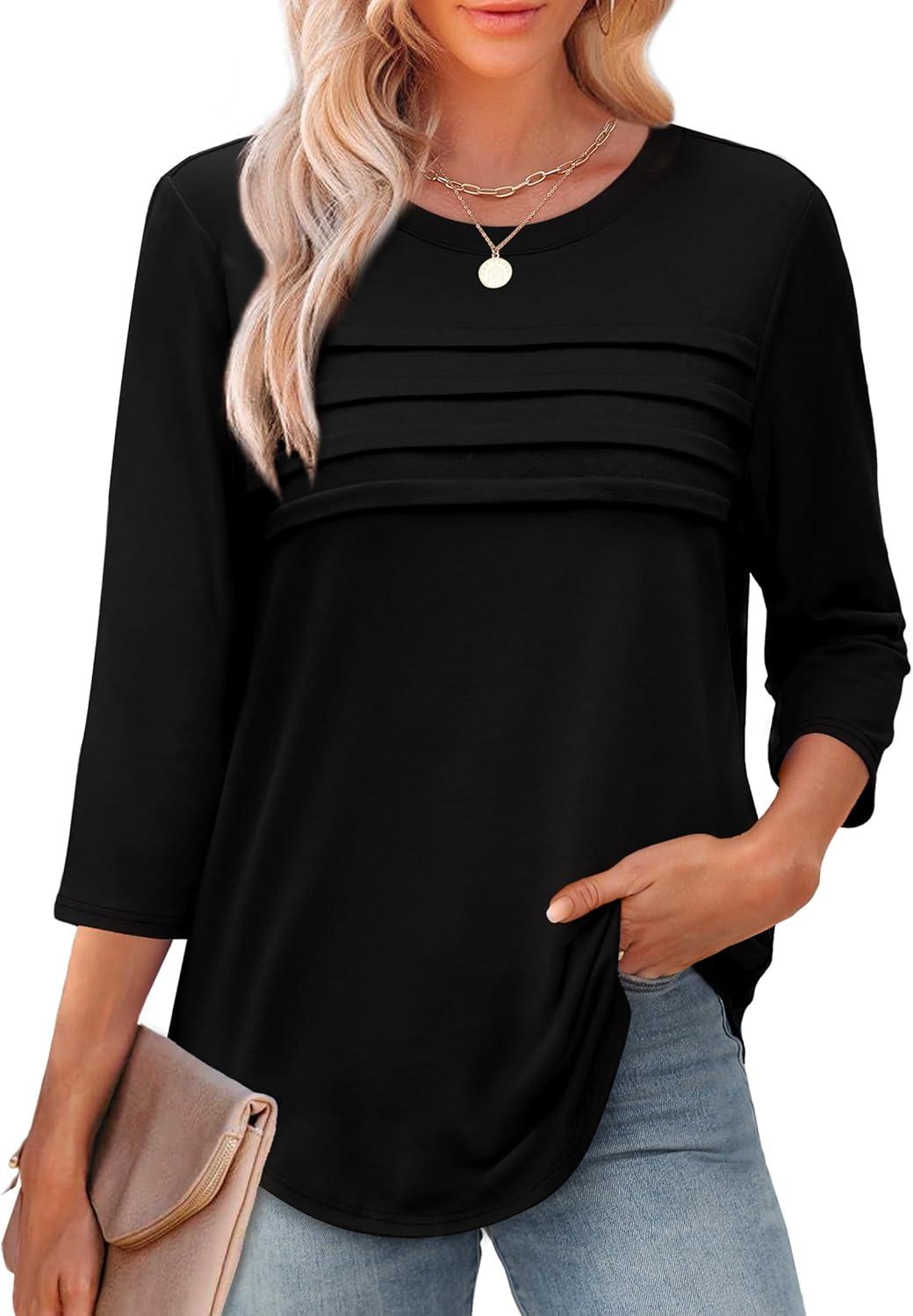 imageXIEERDUO Womens 34 Length Sleeve Tops Dressy Casual Blouses Crewneck TShirts Loose Curved Hem Tunic S3XLA Black