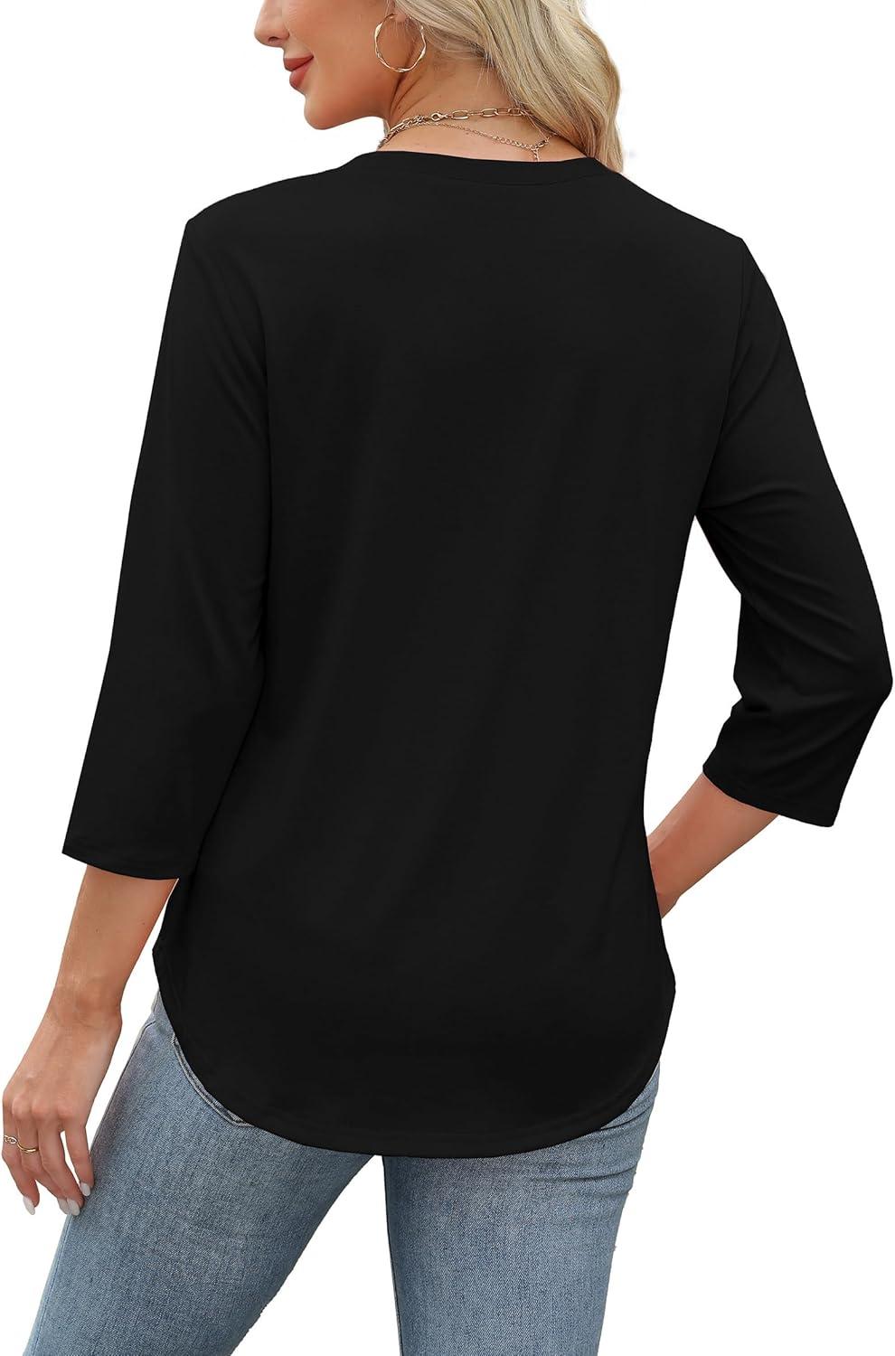 imageXIEERDUO Womens 34 Length Sleeve Tops Dressy Casual Blouses Crewneck TShirts Loose Curved Hem Tunic S3XLA Black