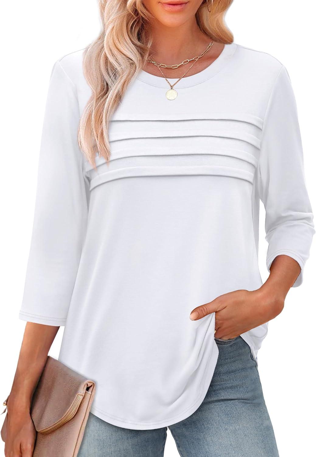 imageXIEERDUO Womens 34 Length Sleeve Tops Dressy Casual Blouses Crewneck TShirts Loose Curved Hem Tunic S3XLA White