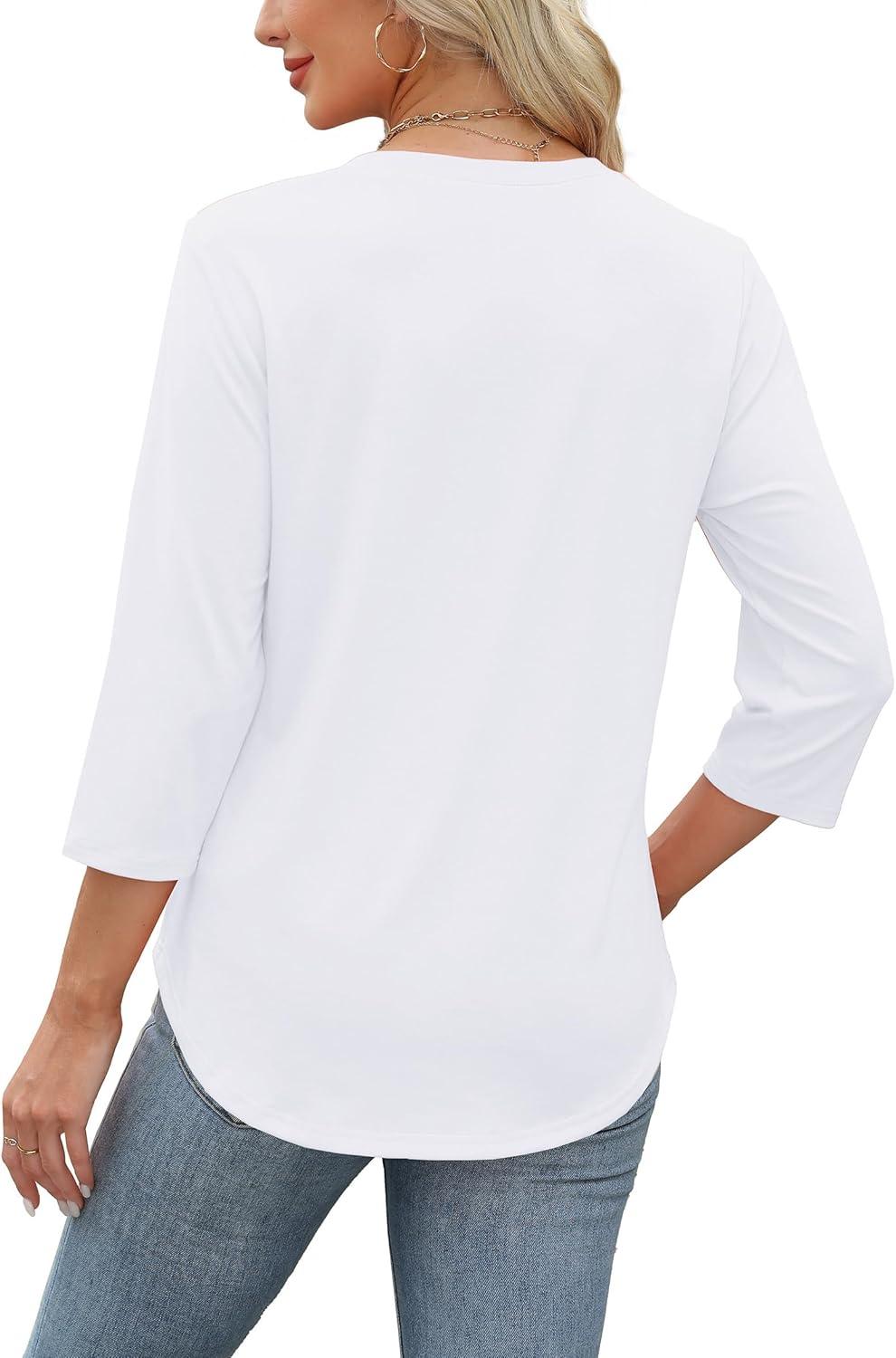 imageXIEERDUO Womens 34 Length Sleeve Tops Dressy Casual Blouses Crewneck TShirts Loose Curved Hem Tunic S3XLA White