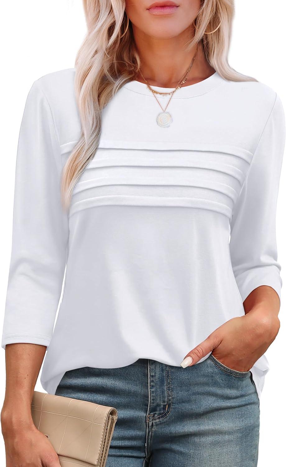 imageXIEERDUO Womens 34 Length Sleeve Tops Dressy Casual Blouses Crewneck TShirts Loose Curved Hem Tunic S3XLA White