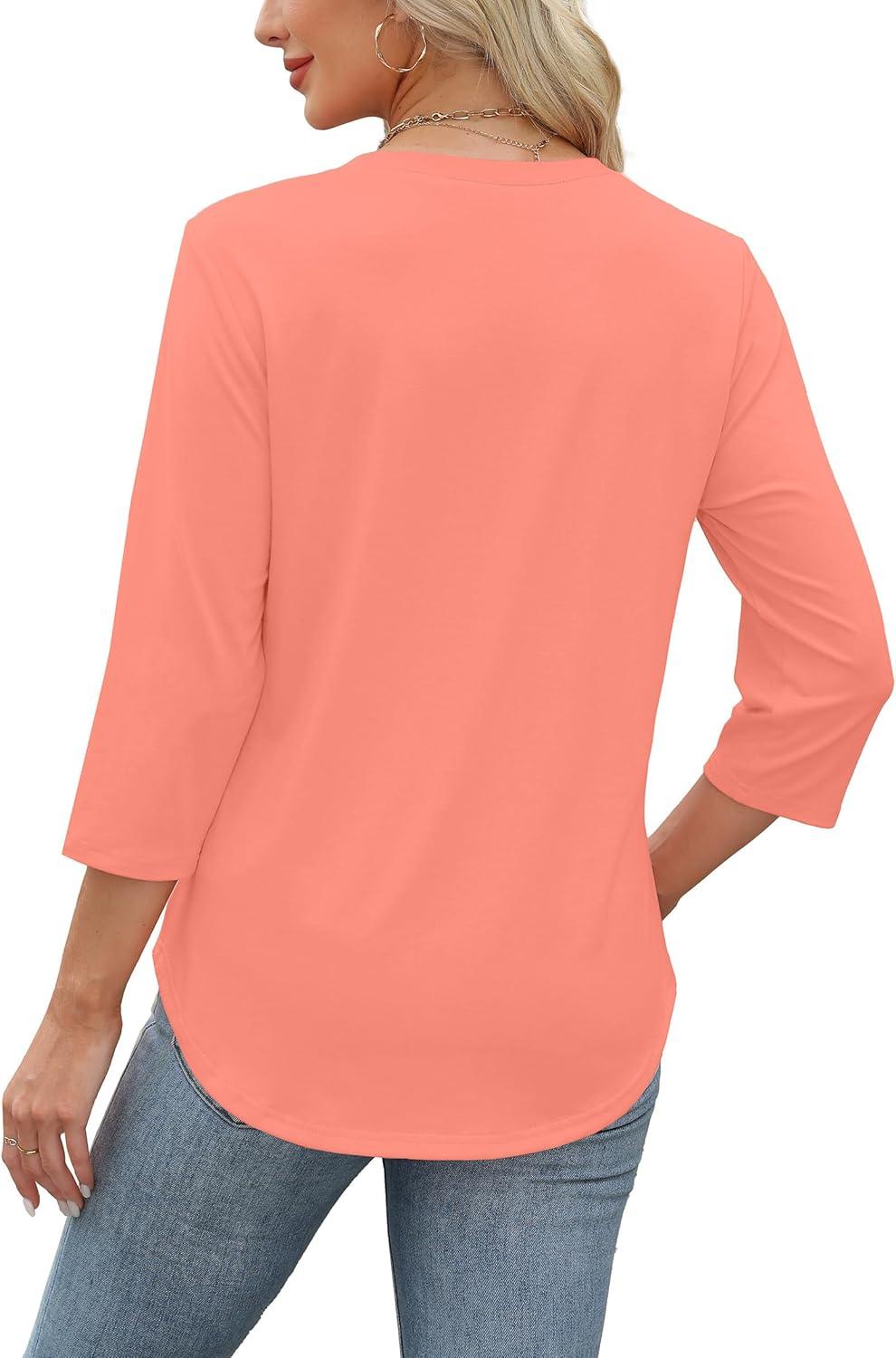 imageXIEERDUO Womens 34 Length Sleeve Tops Dressy Casual Blouses Crewneck TShirts Loose Curved Hem Tunic S3XLCoral