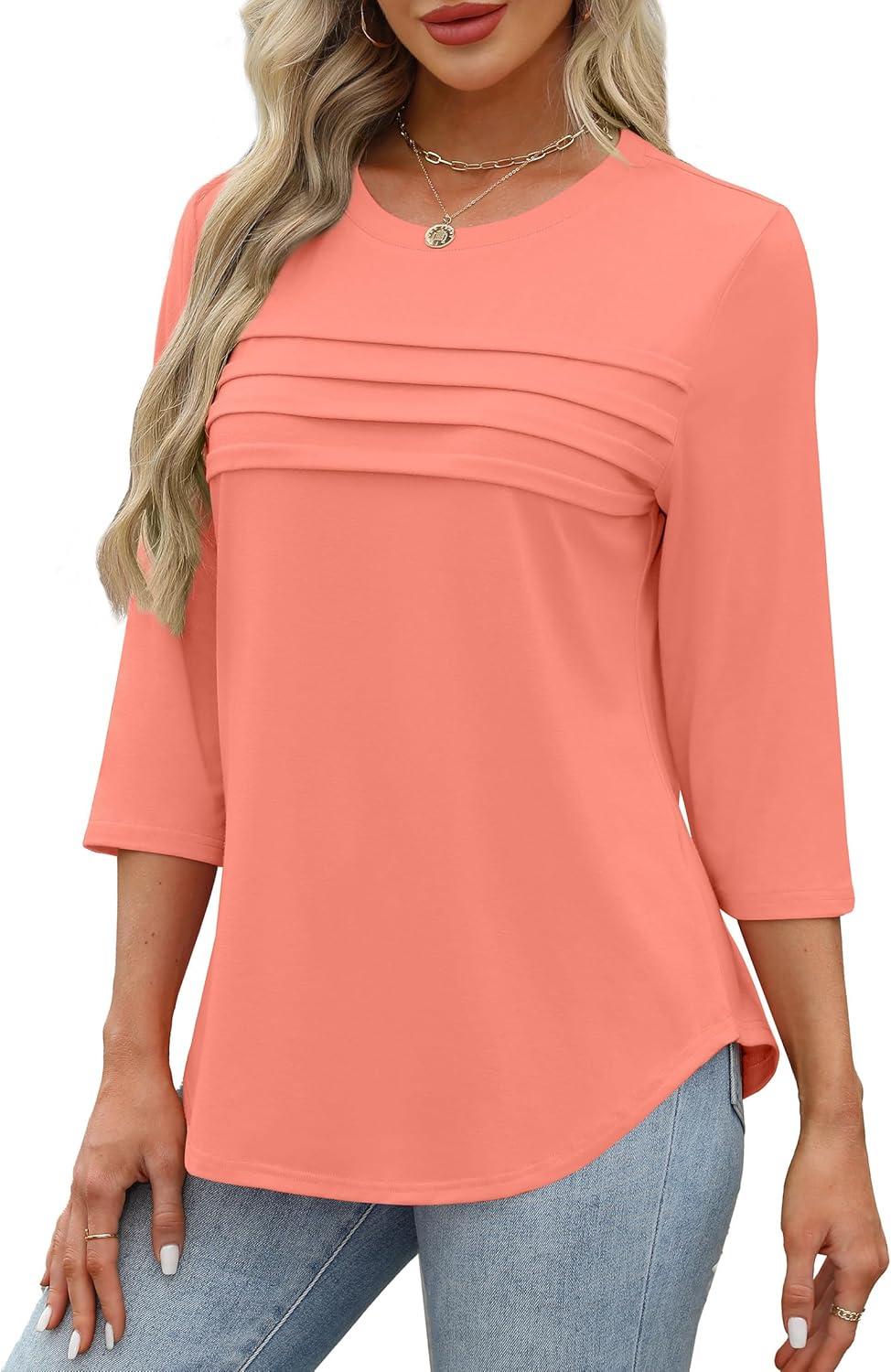 imageXIEERDUO Womens 34 Length Sleeve Tops Dressy Casual Blouses Crewneck TShirts Loose Curved Hem Tunic S3XLCoral