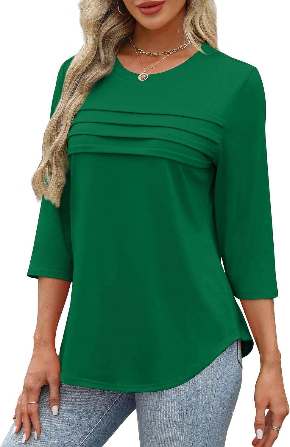 imageXIEERDUO Womens 34 Length Sleeve Tops Dressy Casual Blouses Crewneck TShirts Loose Curved Hem Tunic S3XLGreen