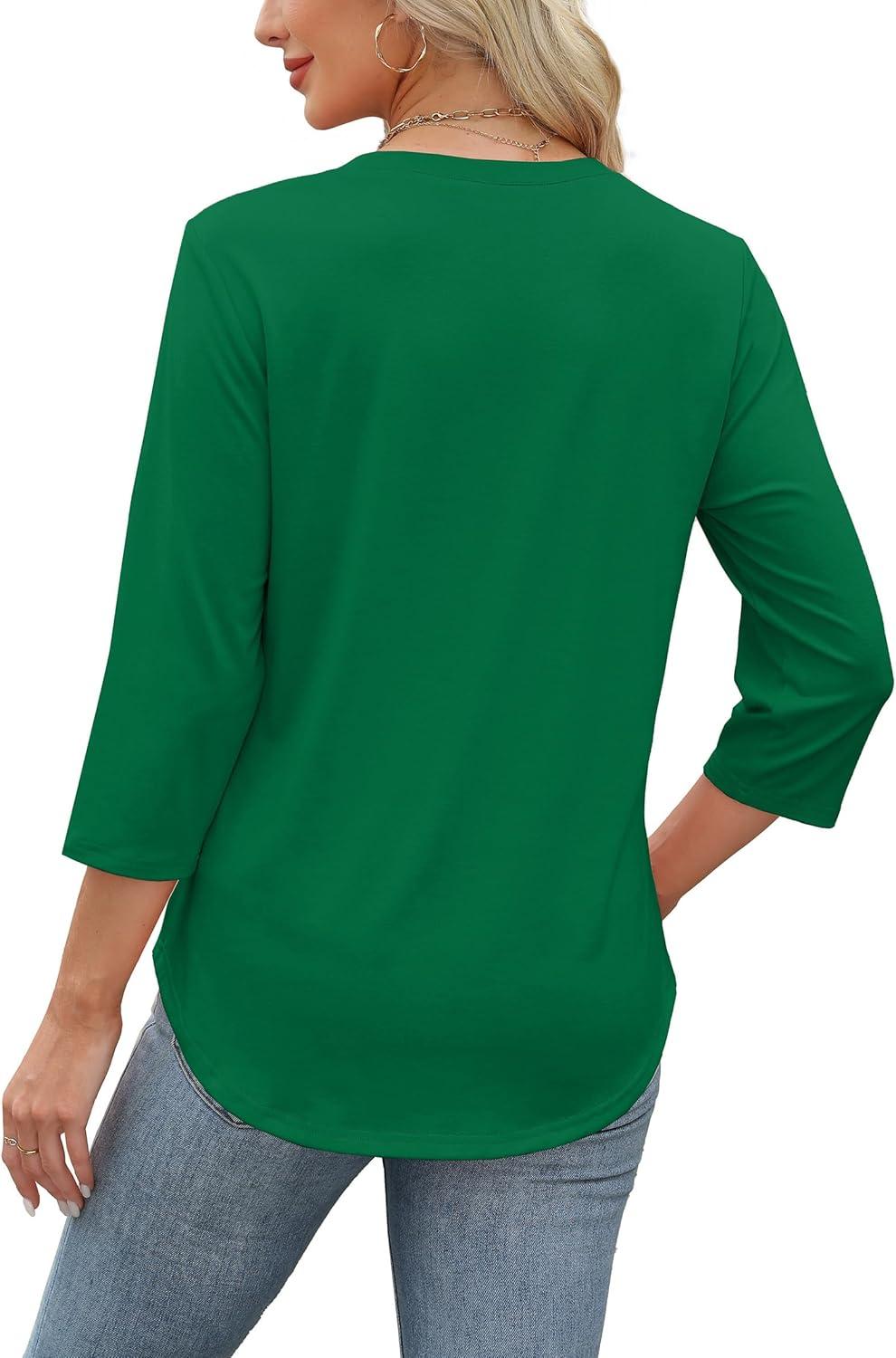 imageXIEERDUO Womens 34 Length Sleeve Tops Dressy Casual Blouses Crewneck TShirts Loose Curved Hem Tunic S3XLGreen