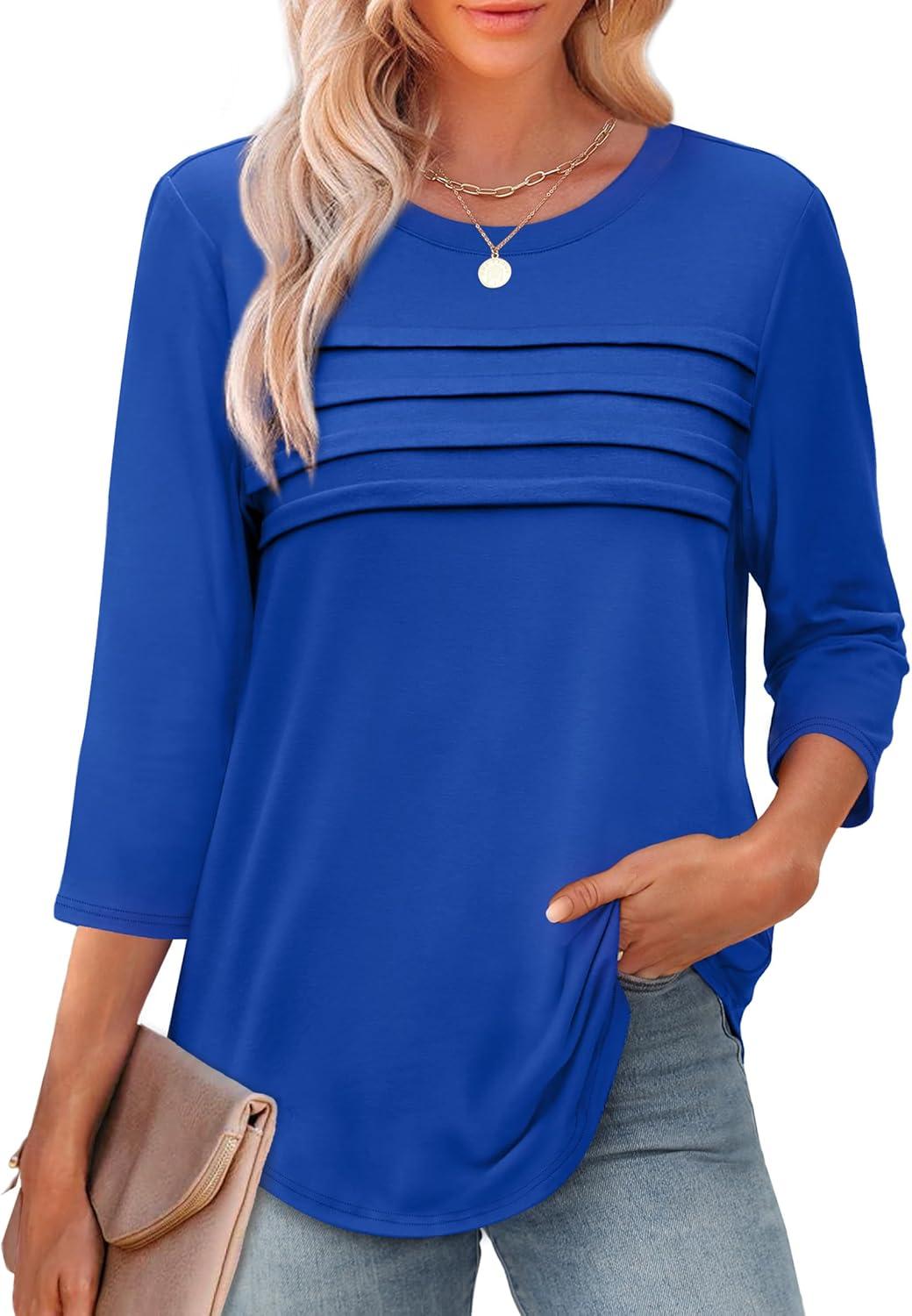 imageXIEERDUO Womens 34 Length Sleeve Tops Dressy Casual Blouses Crewneck TShirts Loose Curved Hem Tunic S3XLRoyal Blue