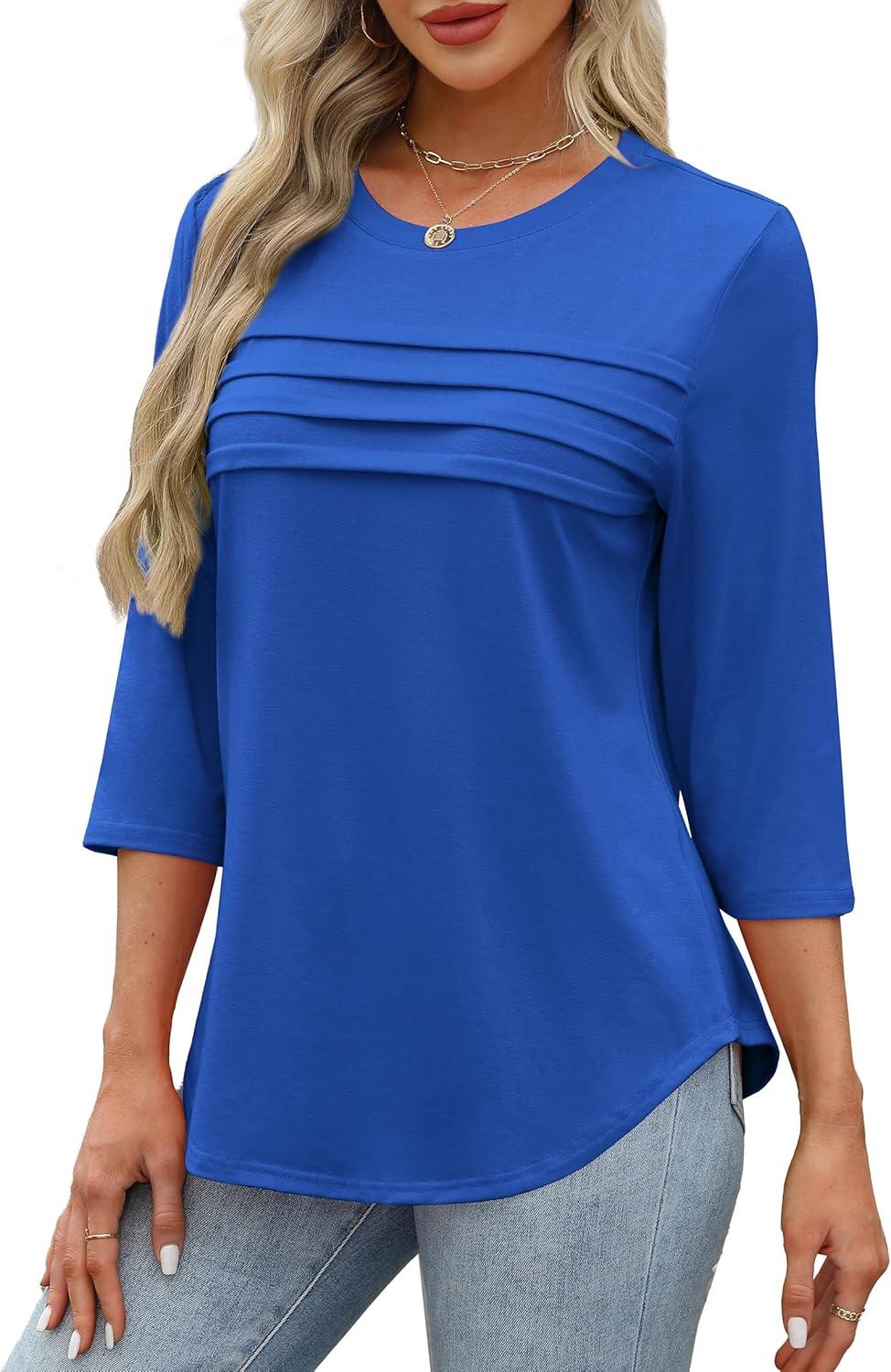 imageXIEERDUO Womens 34 Length Sleeve Tops Dressy Casual Blouses Crewneck TShirts Loose Curved Hem Tunic S3XLRoyal Blue