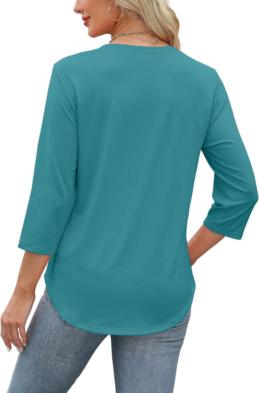 imageXIEERDUO Womens 34 Length Sleeve Tops Dressy Casual Blouses Crewneck TShirts Loose Curved Hem Tunic S3XLTurquoise
