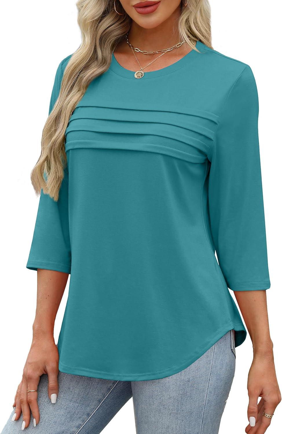 imageXIEERDUO Womens 34 Length Sleeve Tops Dressy Casual Blouses Crewneck TShirts Loose Curved Hem Tunic S3XLTurquoise
