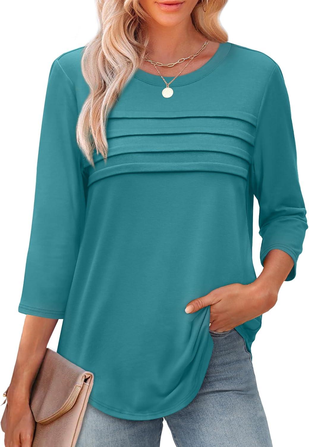 imageXIEERDUO Womens 34 Length Sleeve Tops Dressy Casual Blouses Crewneck TShirts Loose Curved Hem Tunic S3XLTurquoise