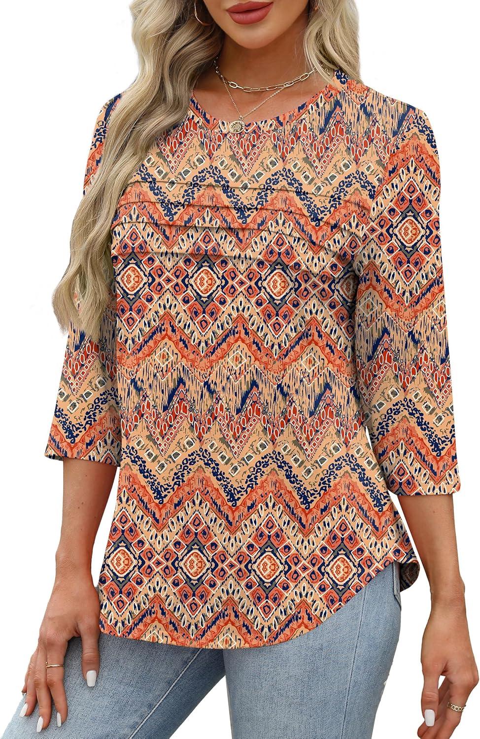 imageXIEERDUO Womens 34 Length Sleeve Tops Dressy Casual Blouses Crewneck TShirts Loose Curved Hem Tunic S3XLZ Boho Floral