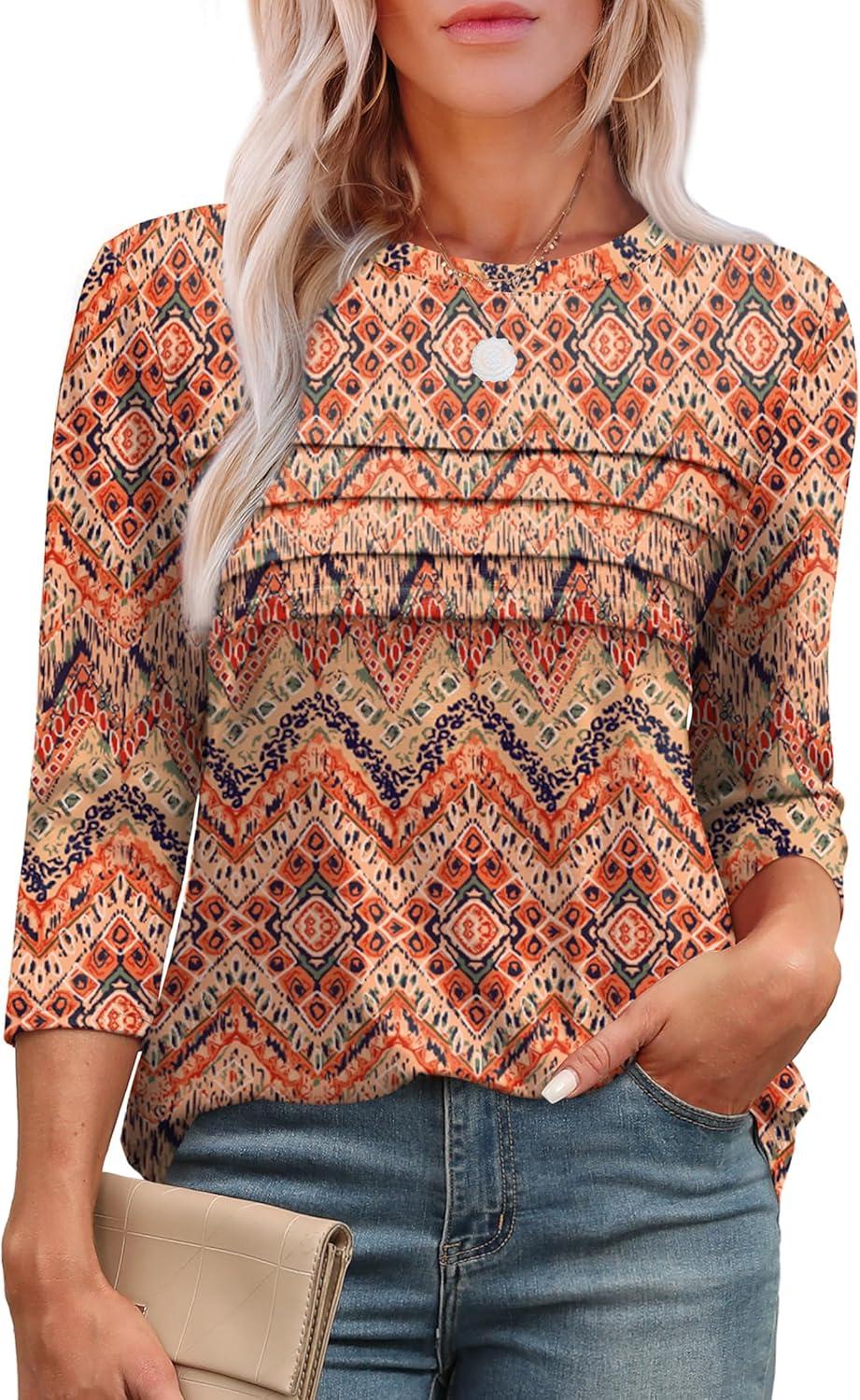 imageXIEERDUO Womens 34 Length Sleeve Tops Dressy Casual Blouses Crewneck TShirts Loose Curved Hem Tunic S3XLZ Boho Floral