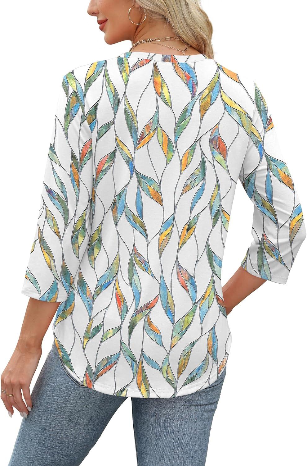 imageXIEERDUO Womens 34 Length Sleeve Tops Dressy Casual Blouses Crewneck TShirts Loose Curved Hem Tunic S3XLZ Floral Leaf