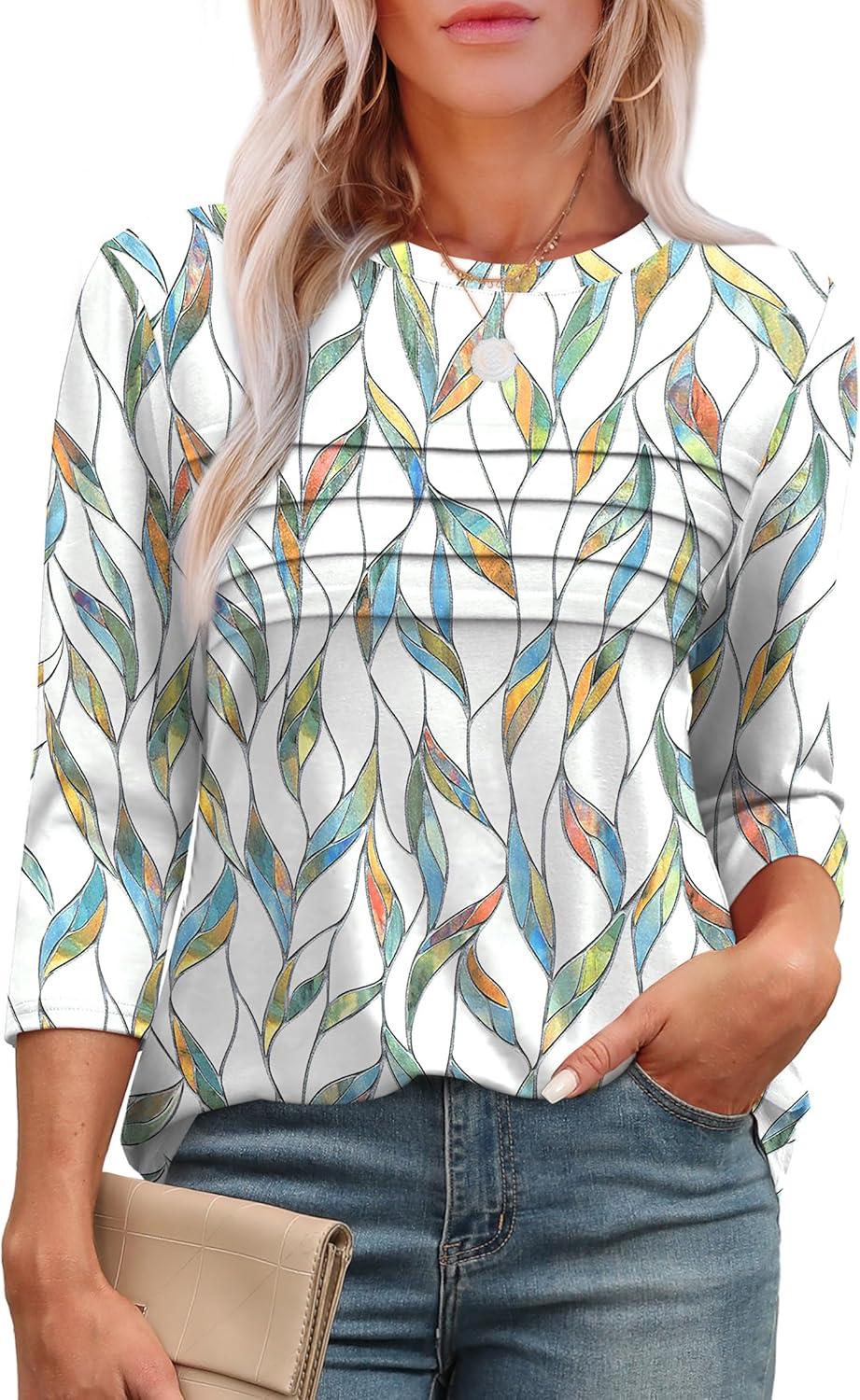 imageXIEERDUO Womens 34 Length Sleeve Tops Dressy Casual Blouses Crewneck TShirts Loose Curved Hem Tunic S3XLZ Floral Leaf