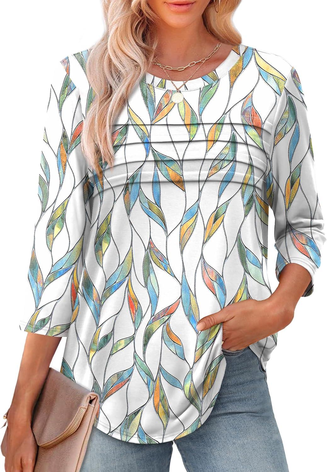 imageXIEERDUO Womens 34 Length Sleeve Tops Dressy Casual Blouses Crewneck TShirts Loose Curved Hem Tunic S3XLZ Floral Leaf