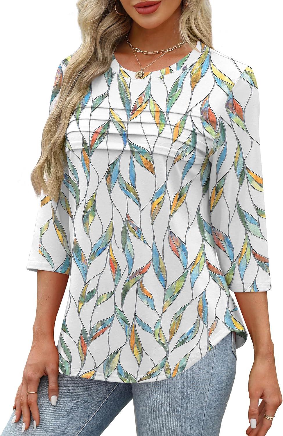 imageXIEERDUO Womens 34 Length Sleeve Tops Dressy Casual Blouses Crewneck TShirts Loose Curved Hem Tunic S3XLZ Floral Leaf