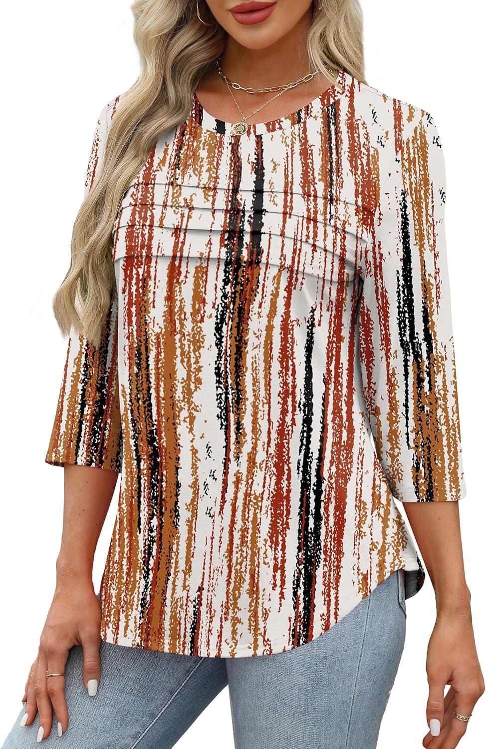 imageXIEERDUO Womens 34 Length Sleeve Tops Dressy Casual Blouses Crewneck TShirts Loose Curved Hem Tunic S3XLZ Tie Dye Brown