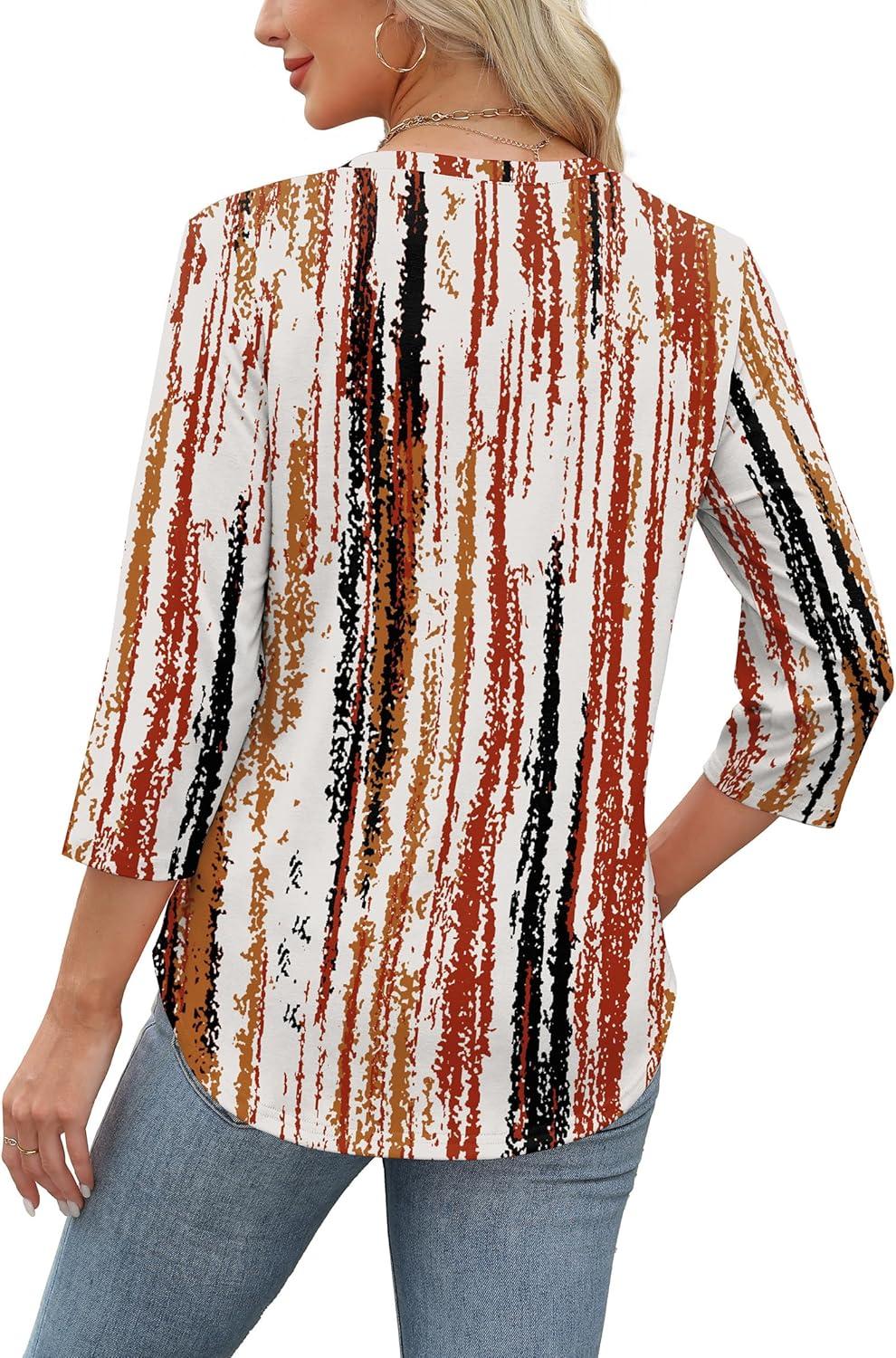 imageXIEERDUO Womens 34 Length Sleeve Tops Dressy Casual Blouses Crewneck TShirts Loose Curved Hem Tunic S3XLZ Tie Dye Brown