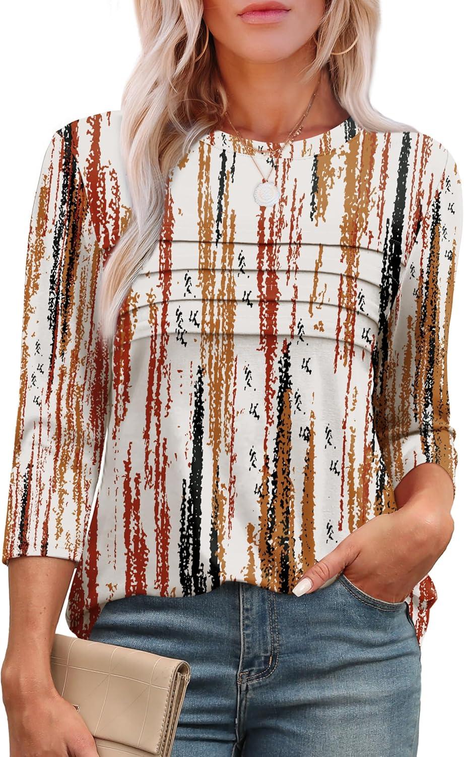 imageXIEERDUO Womens 34 Length Sleeve Tops Dressy Casual Blouses Crewneck TShirts Loose Curved Hem Tunic S3XLZ Tie Dye Brown