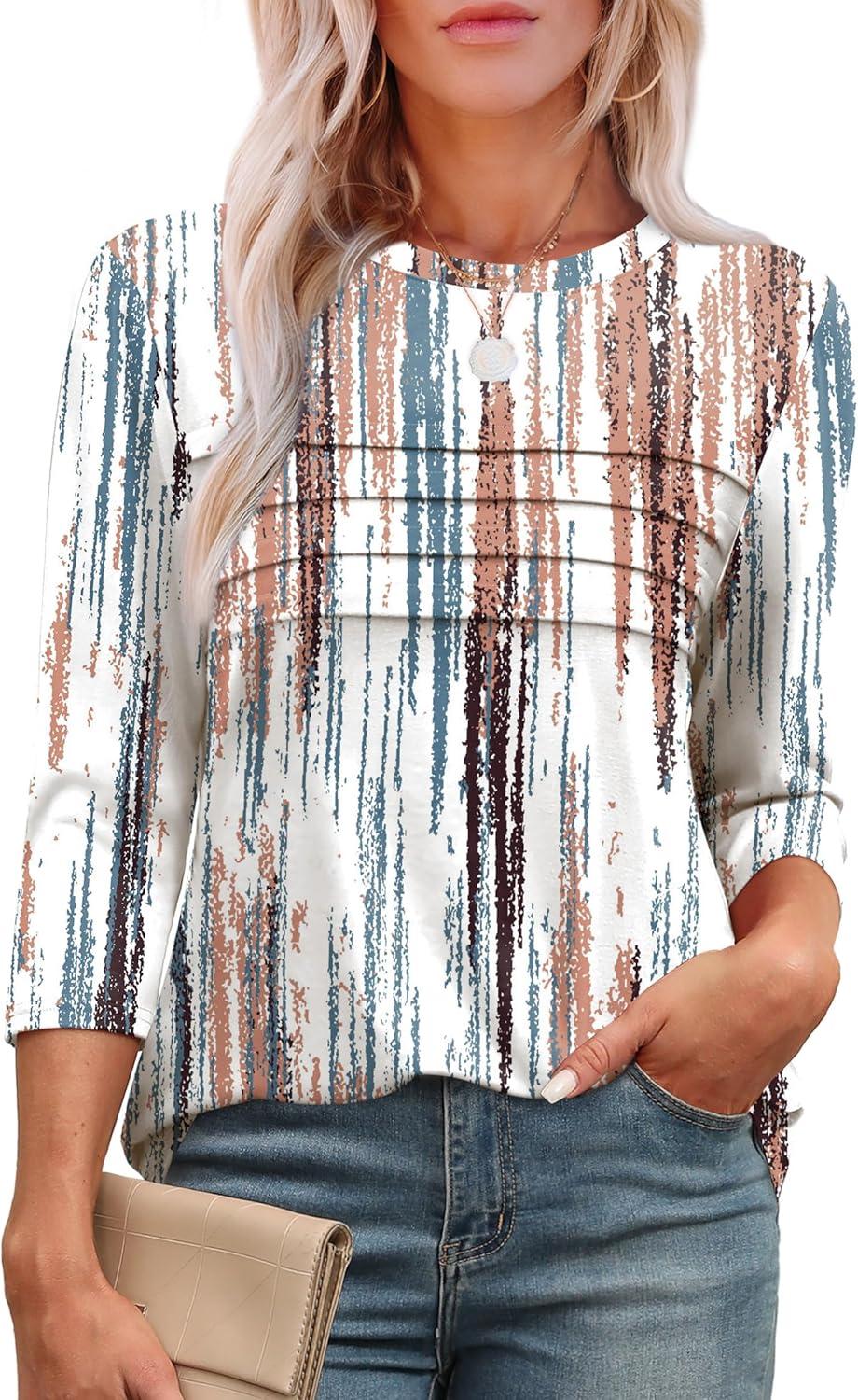imageXIEERDUO Womens 34 Length Sleeve Tops Dressy Casual Blouses Crewneck TShirts Loose Curved Hem Tunic S3XLZ Tie Dye Multi