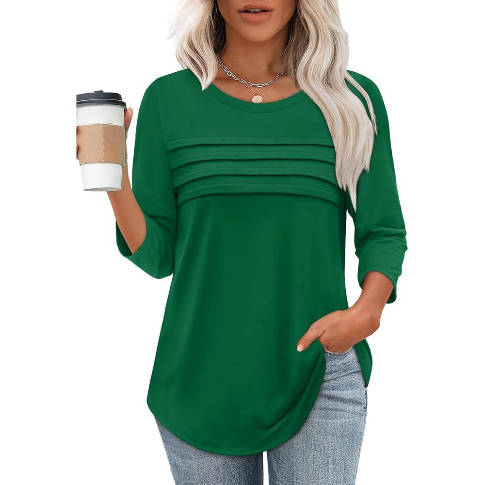 imageXIEERDUO Womens 34 Length Sleeve Tops Dressy Casual Blouses Crewneck TShirts Loose Curved Hem Tunic S3XLGreen