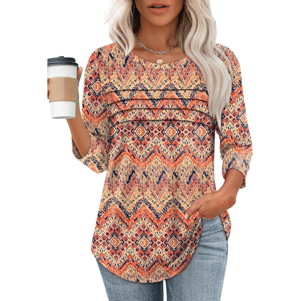 imageXIEERDUO Womens 34 Length Sleeve Tops Dressy Casual Blouses Crewneck TShirts Loose Curved Hem Tunic S3XLZ Boho Floral