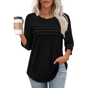 XIEERDUO Women’s 3/4 Length Sleeve Tops Dressy Casual Blouses Crewneck T-Shirts Loose Curved Hem Tunic S-3XL(A Black)