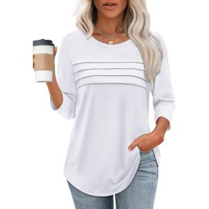 XIEERDUO Women’s 3/4 Length Sleeve Tops Dressy Casual Blouses Crewneck T-Shirts Loose Curved Hem Tunic S-3XL(A White)