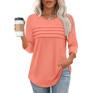 XIEERDUO Women’s 3/4 Length Sleeve Tops Dressy Casual Blouses Crewneck T-Shirts Loose Curved Hem Tunic S-3XL(Coral)