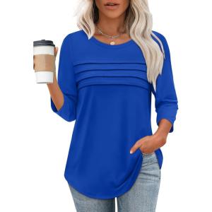 XIEERDUO Women’s 3/4 Length Sleeve Tops Dressy Casual Blouses Crewneck T-Shirts Loose Curved Hem Tunic S-3XL(Royal Blue)