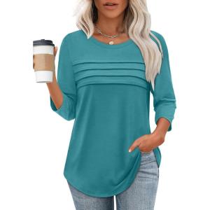 XIEERDUO Women’s 3/4 Length Sleeve Tops Dressy Casual Blouses Crewneck T-Shirts Loose Curved Hem Tunic S-3XL(Turquoise)