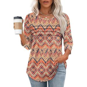XIEERDUO Women’s 3/4 Length Sleeve Tops Dressy Casual Blouses Crewneck T-Shirts Loose Curved Hem Tunic S-3XL(Z Boho Floral)
