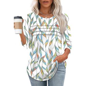 XIEERDUO Women’s 3/4 Length Sleeve Tops Dressy Casual Blouses Crewneck T-Shirts Loose Curved Hem Tunic S-3XL(Z Floral Leaf)