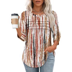 XIEERDUO Women’s 3/4 Length Sleeve Tops Dressy Casual Blouses Crewneck T-Shirts Loose Curved Hem Tunic S-3XL(Z Tie Dye Brown)